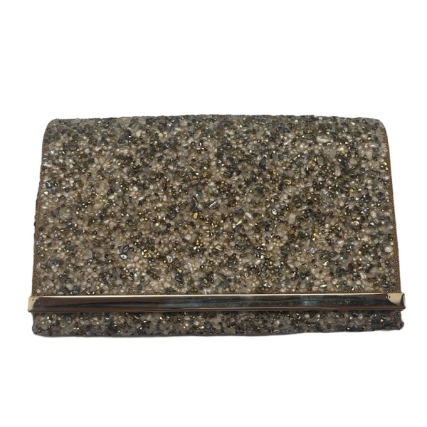 Gold and silver embellished clutch bag with crystal beading and a metallic bar detail on the front flap.