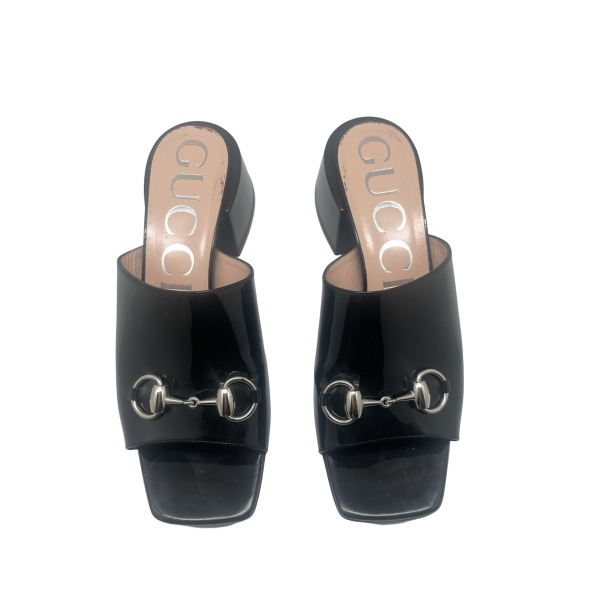 GUCCI PATENT HORSEBIT BLOCK HEEL MULES