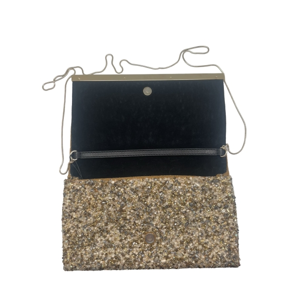 Gold and silver embellished clutch bag with crystal beading and a metallic bar detail on the front flap.