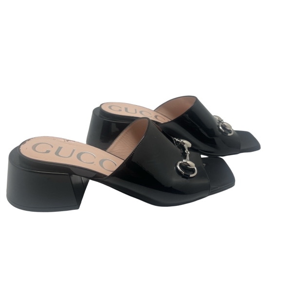 GUCCI PATENT HORSEBIT BLOCK HEEL MULES