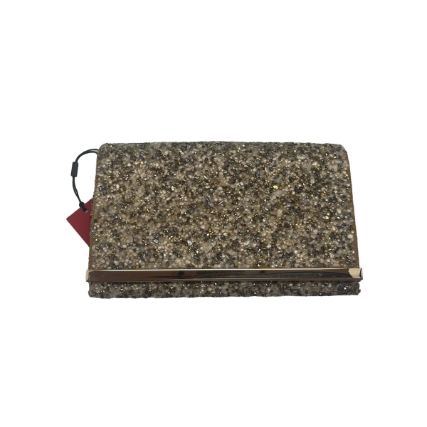 Gold and silver embellished clutch bag with crystal beading and a metallic bar detail on the front flap.