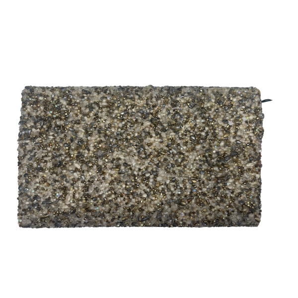 Gold and silver embellished clutch bag with crystal beading and a metallic bar detail on the front flap.