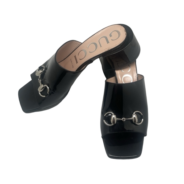 GUCCI PATENT HORSEBIT BLOCK HEEL MULES
