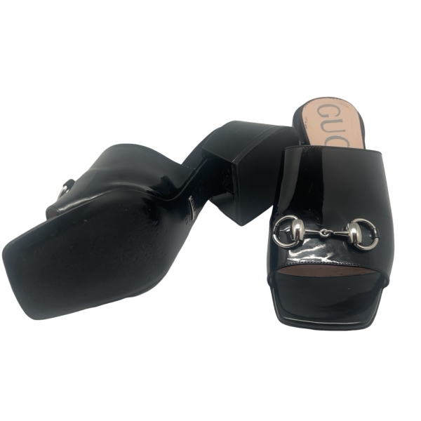 GUCCI PATENT HORSEBIT BLOCK HEEL MULES